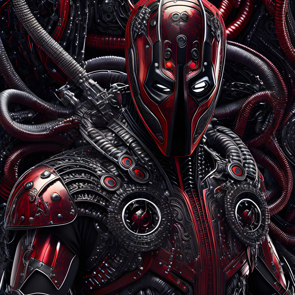 Detailed Red and Black Robotic Figure in Futuristic Setting