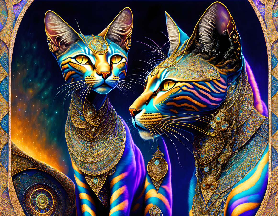 Colorful Cosmic-Inspired Artistic Cats with Ornamental Patterns