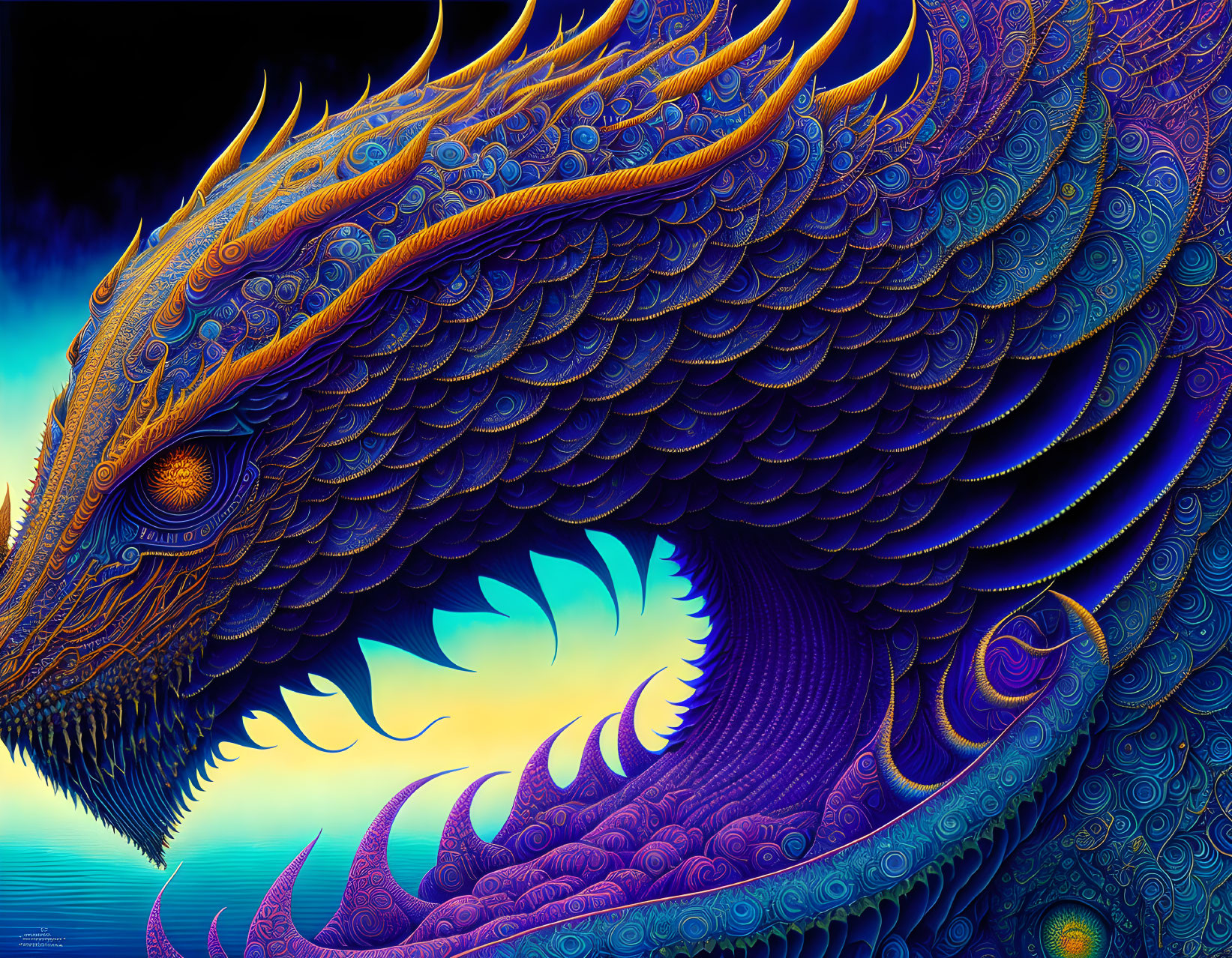 Colorful Dragon Artwork with Blue and Orange Patterns