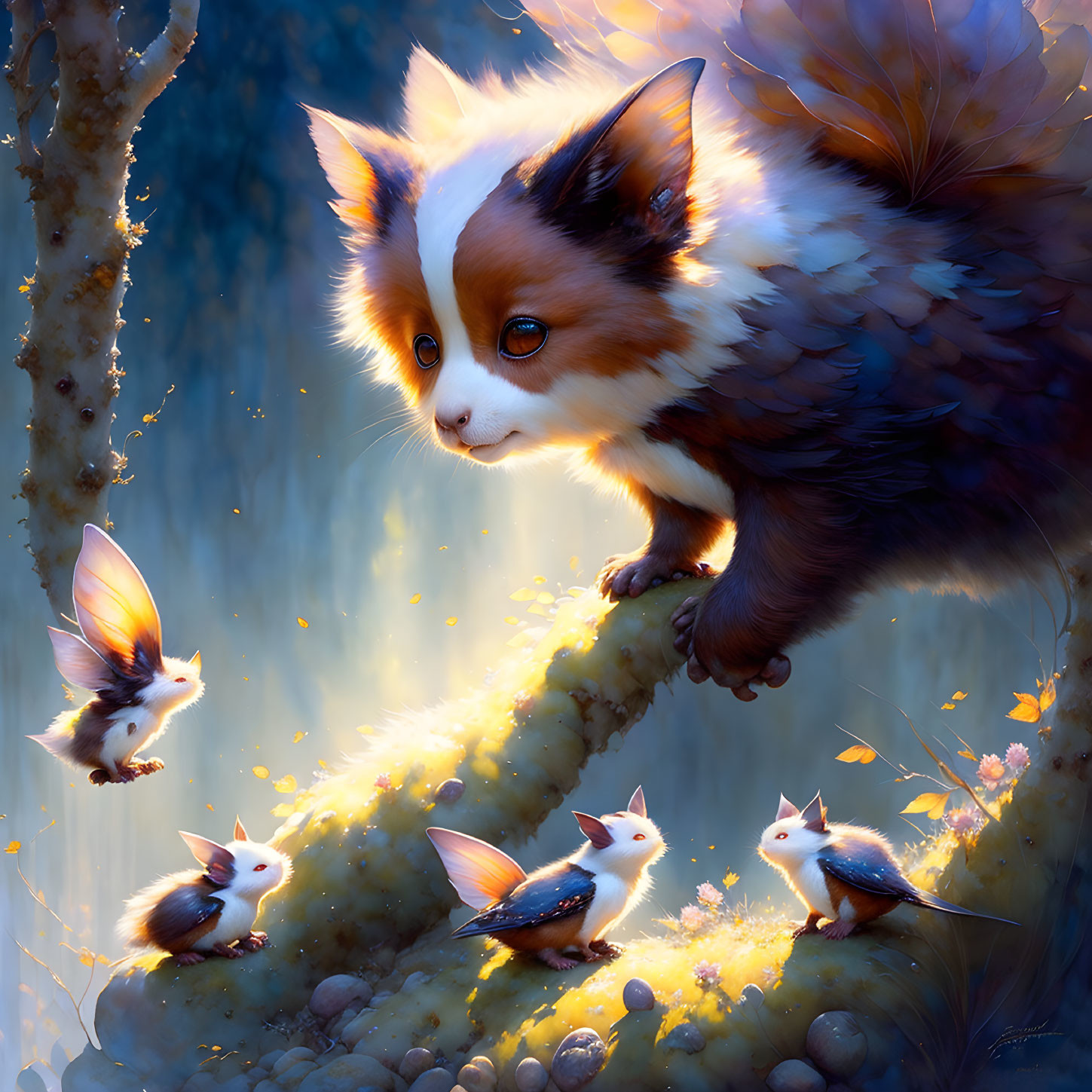 Illustration of Cat-Bird Creature in Fantasy Forest Setting