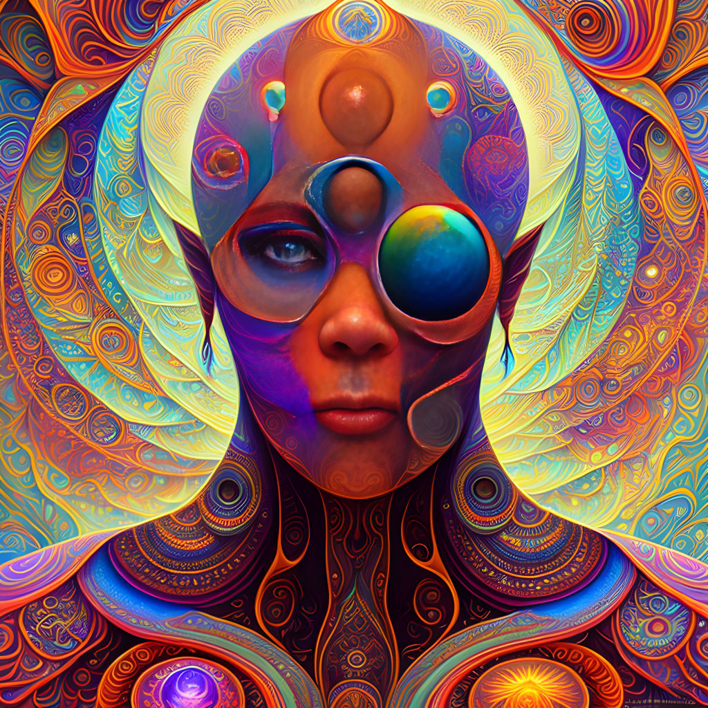 Colorful digital artwork of a face with psychedelic patterns and spherical elements.