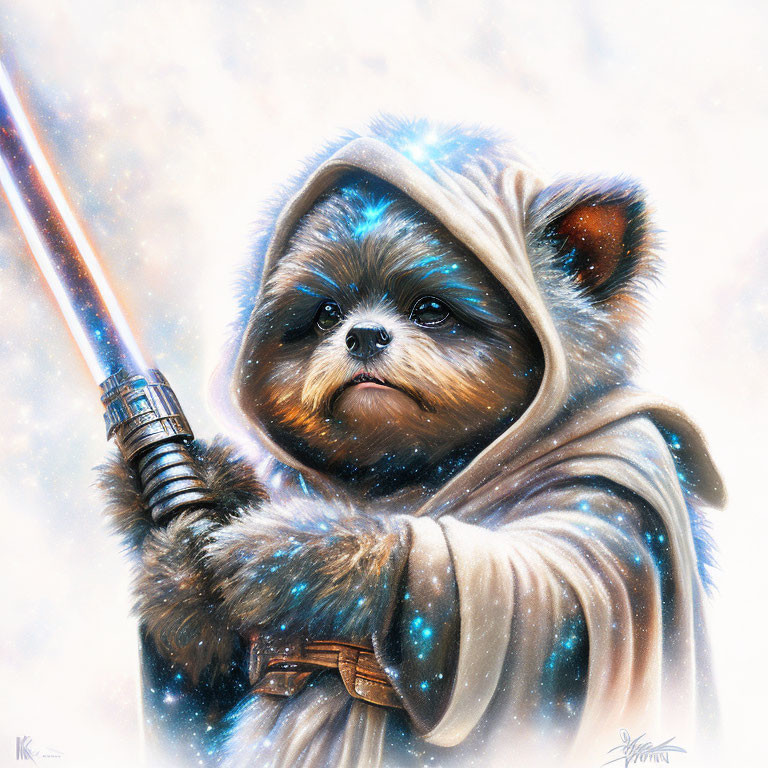 Illustration of baby Ewok-like creature with blue lightsaber in cosmic setting