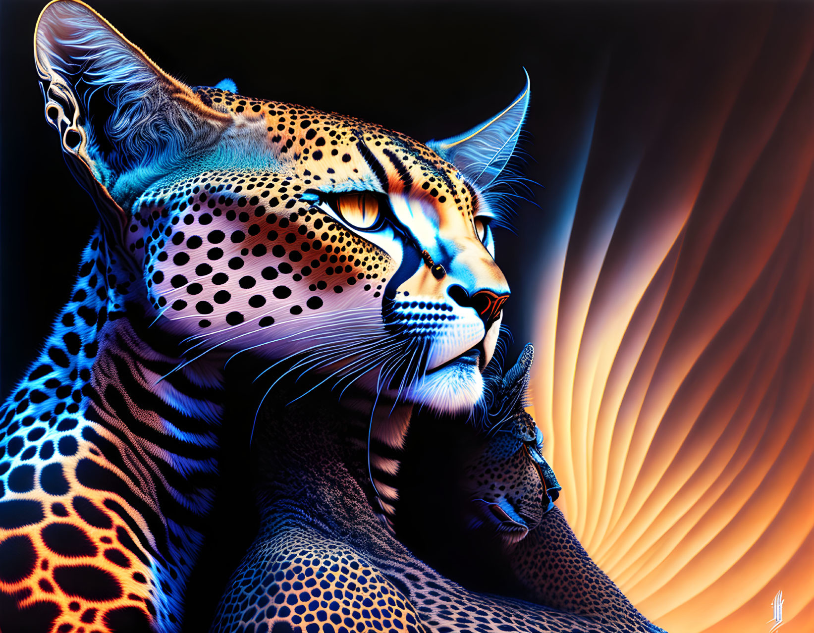 Colorful digital artwork: Leopard in blue and orange hues