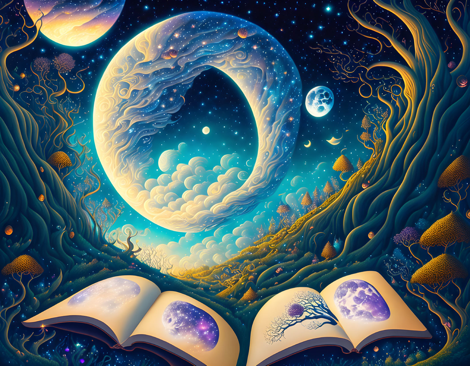 Colorful Cosmic-Themed Book Illustration with Moon and Trees