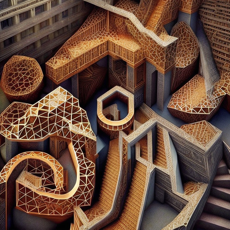 Intricate Escher-Like Illustration of Impossible Geometric Shapes