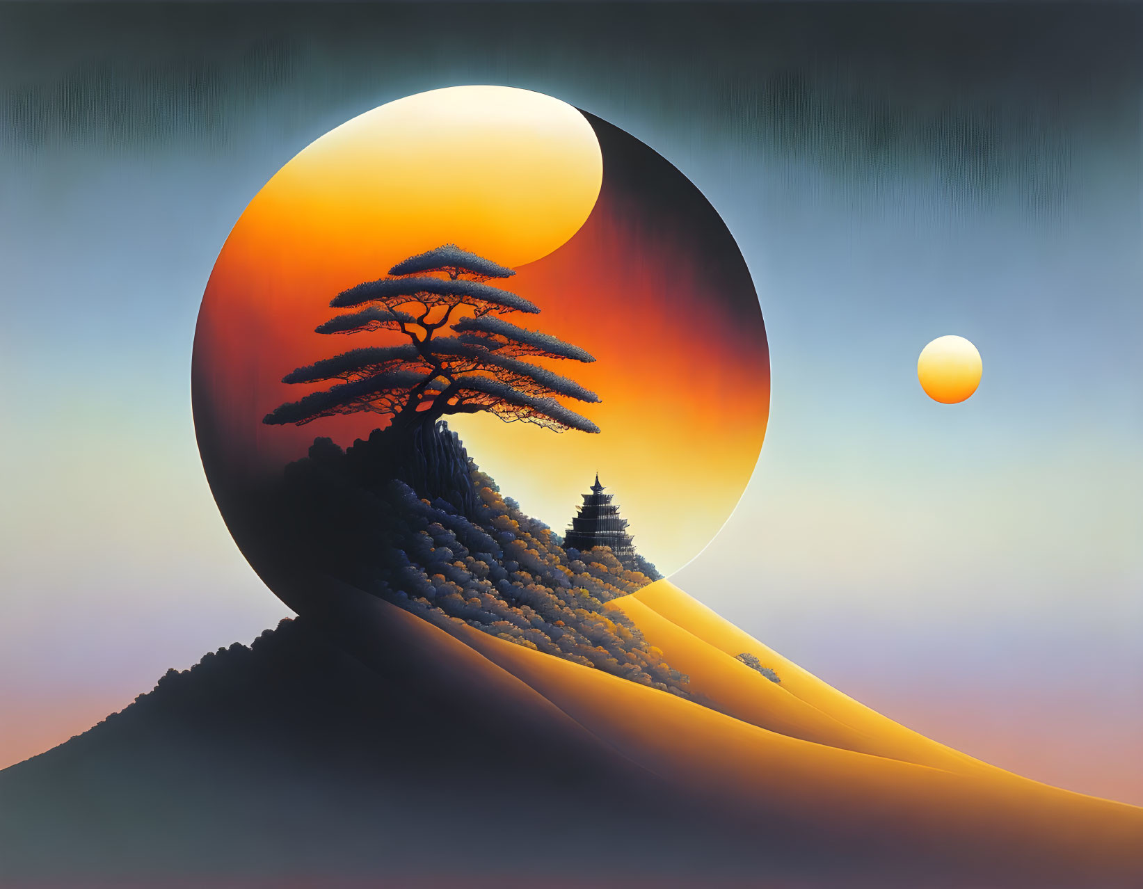 Surreal landscape with yin-yang symbol, orange sky, pine tree, temple, and