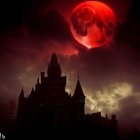 Majestic fantasy castle on mountain with red moon in dusky sky