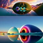 Surreal triptych landscapes with vibrant colors and flowing shapes