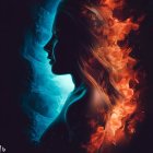 Digital artwork: Two faces in profile, one blue, one red, surrounded by flames and feathers