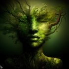 Woman's profile merged with tree in digital artwork, symbolizing mystical nature connection.