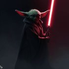 Digital artwork of Yoda with red lightsaber on dark background