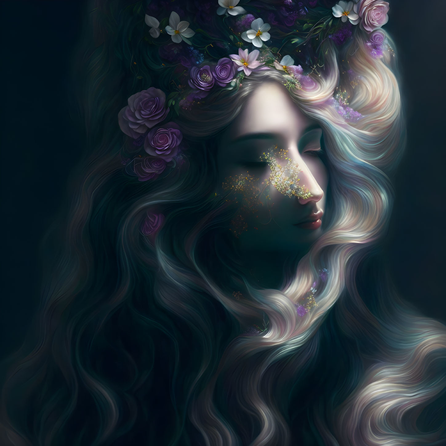 Woman with floral crown and glitter on face, hair in mystical gradient.