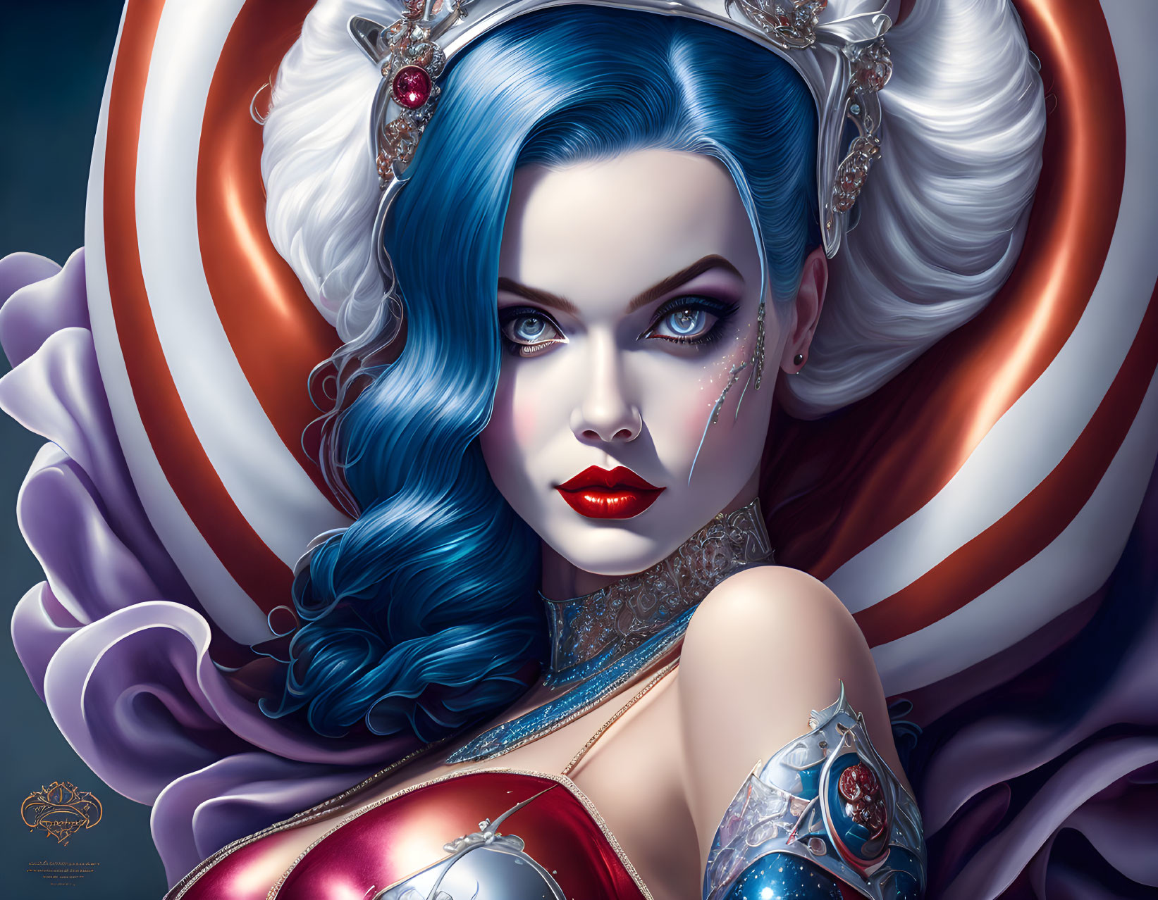 Detailed portrait of a woman with blue hair, striking makeup, regal red and silver costume.