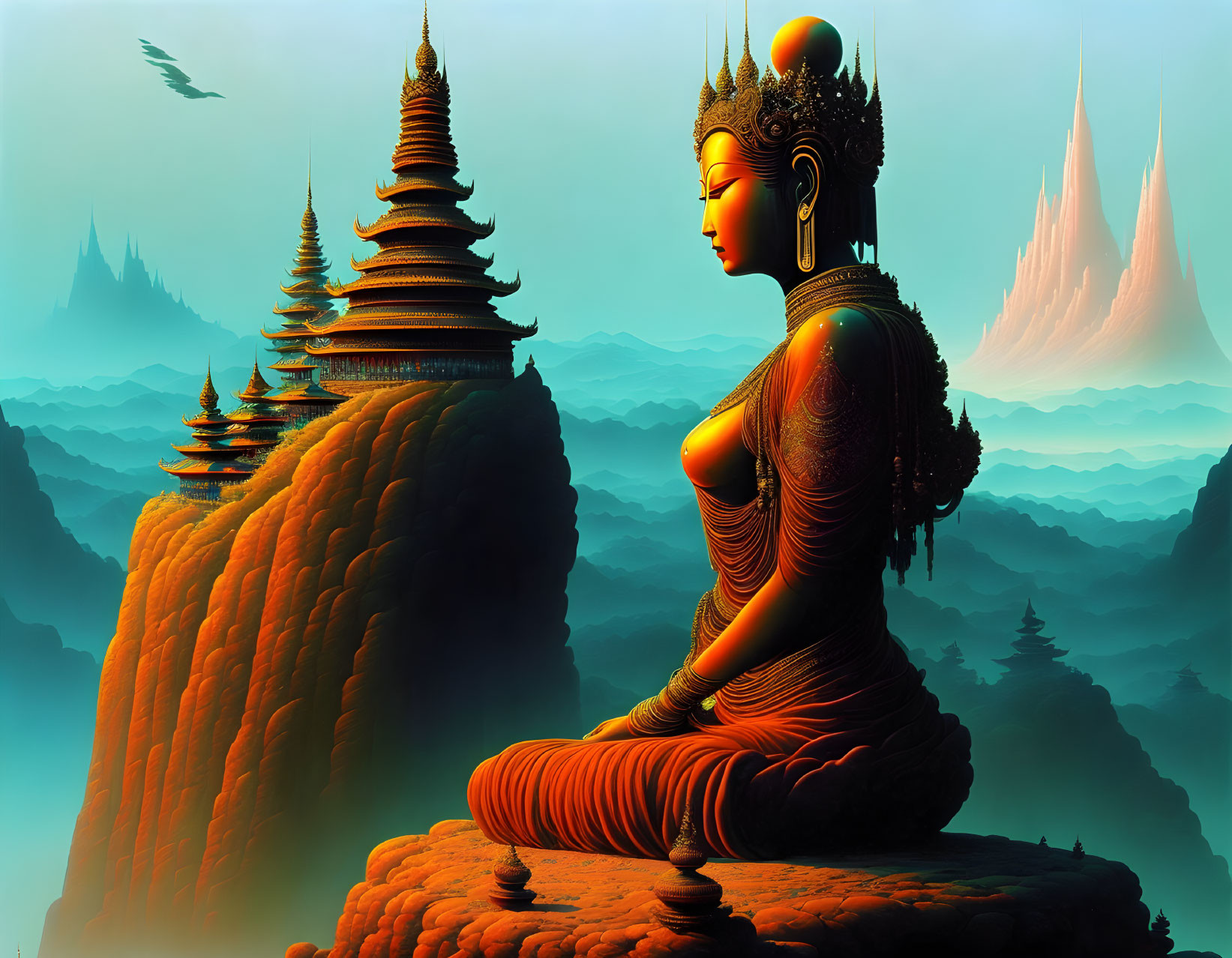 Digital artwork: Giant Buddha statue meditating in mystical mountain landscape