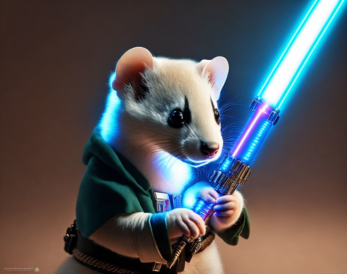 Stoat with blue lightsaber in Jedi robe on warm backdrop