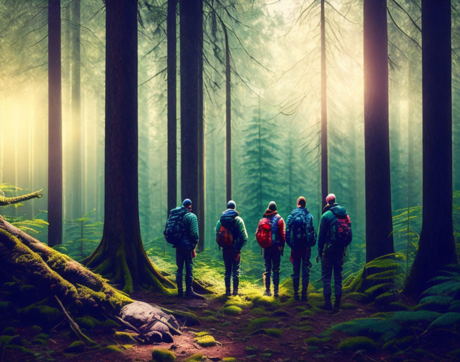 Hikers with backpacks in misty sunlit forest