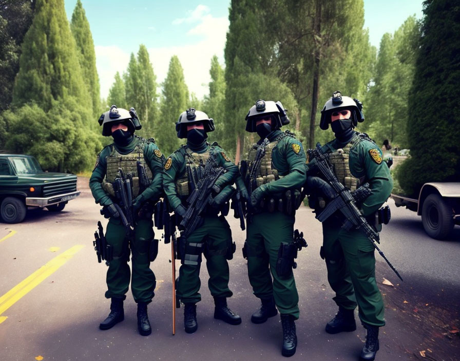 Four Armed Personnel in Tactical Gear on Street with Green Van & Trees