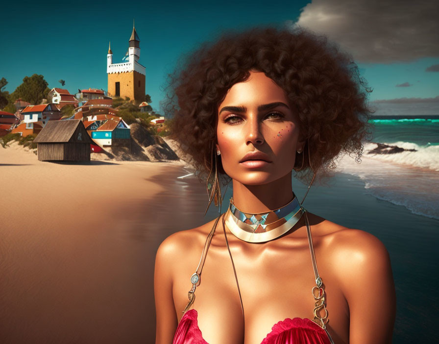 Curly-haired woman with freckles on beach with lighthouse and houses