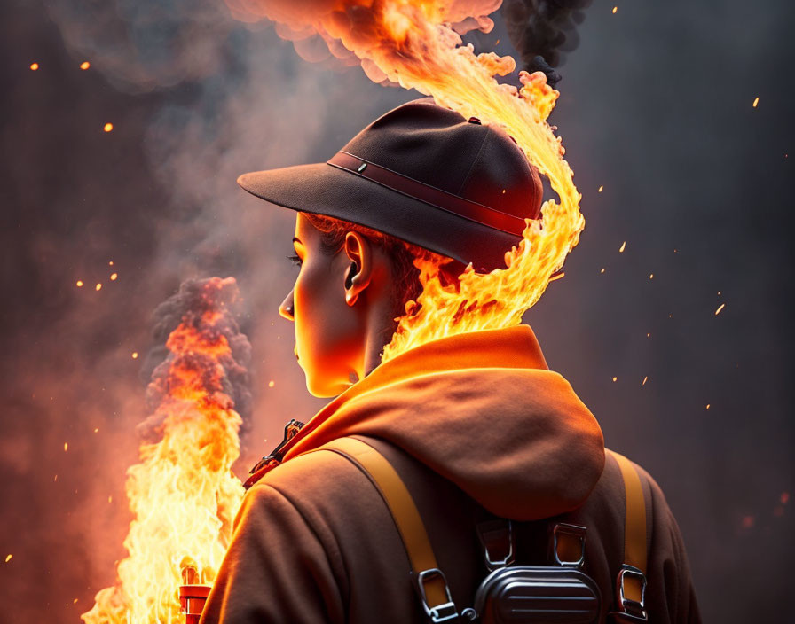 Uniformed person engulfed in blazing fire against dark background