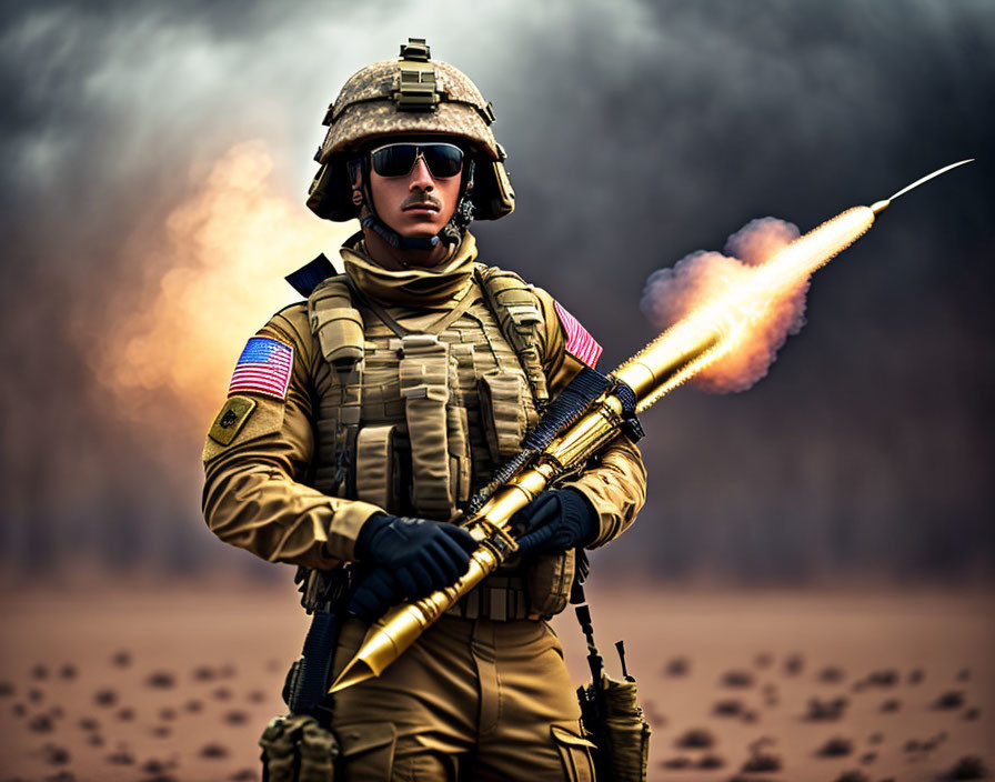 Soldier in Combat Gear Launches Shoulder-Fired Missile