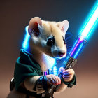 Stoat with blue lightsaber in Jedi robe on warm backdrop