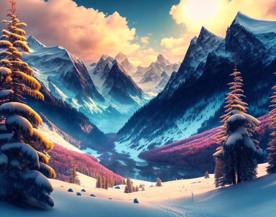 Snow-covered pine trees in serene winter landscape with mountains, valley, river, and colorful sky.