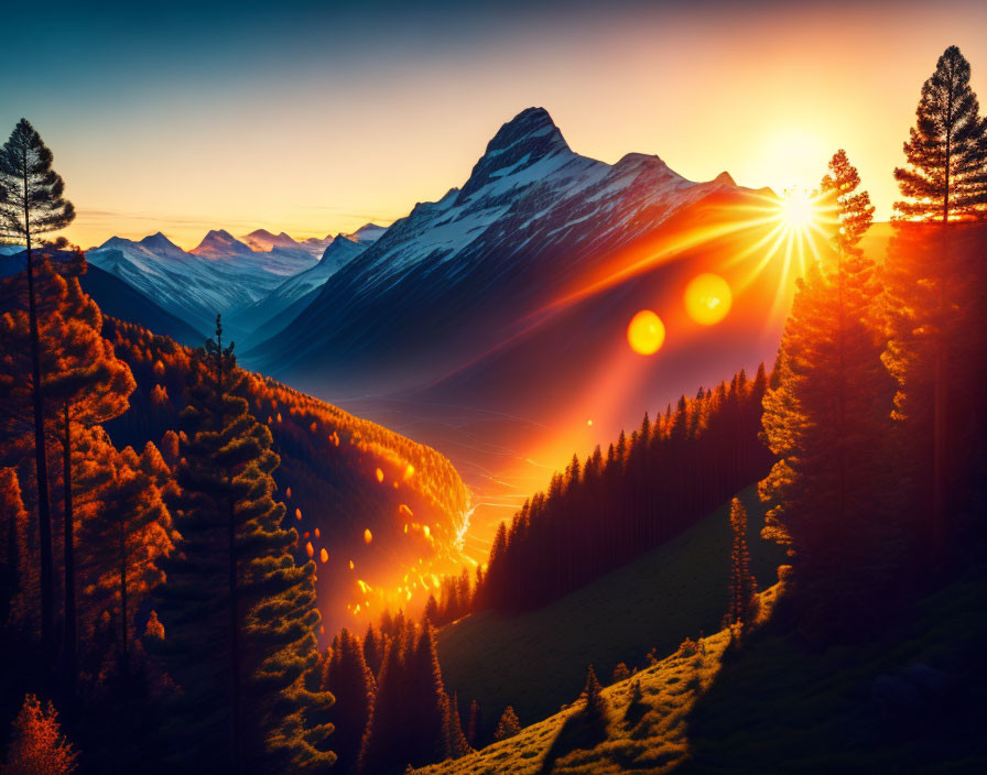 Mountain sunrise with light rays through trees.