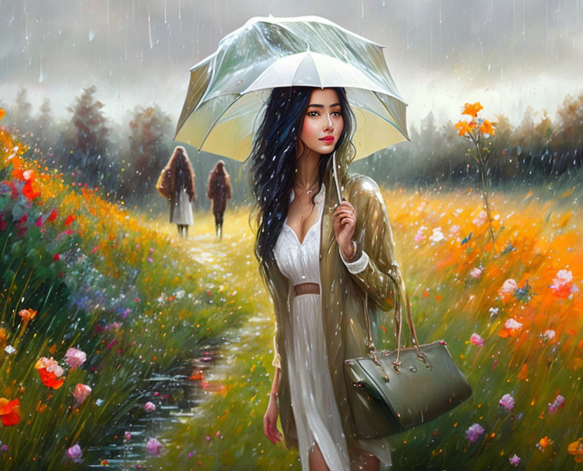 Dark-haired woman with umbrella walks in rain-soaked flower field.