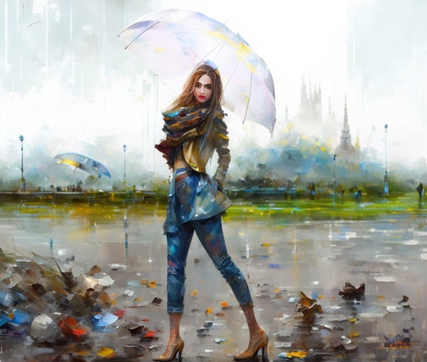 Woman with umbrella on rainy street, looking back, cityscape background