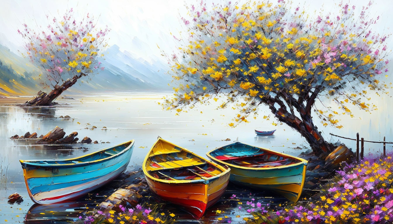 Colorful boats on calm lake with blooming trees - vibrant oil painting