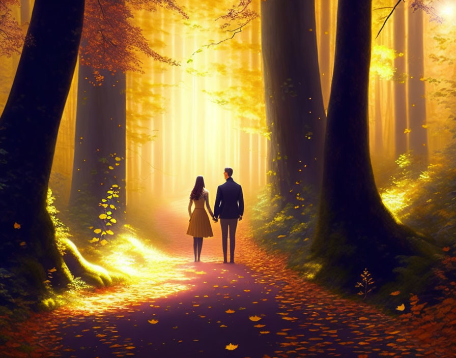 Silhouetted figures holding hands in autumn forest with sunlight rays.