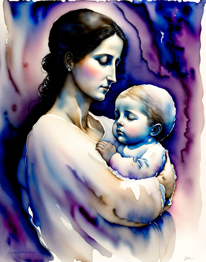 Serene woman holding sleeping child against blue and purple background