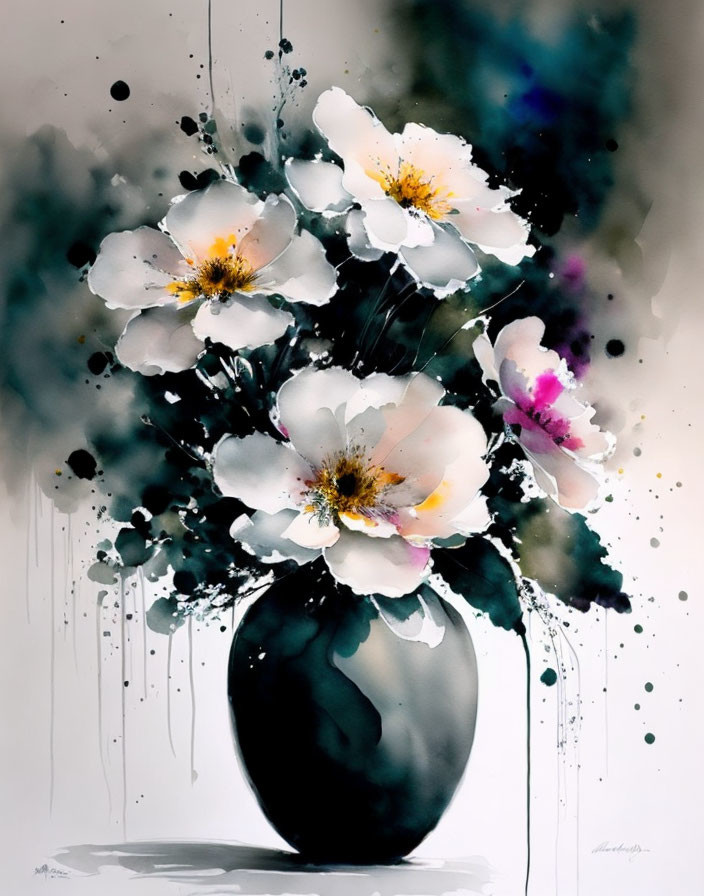 White Flowers in Dark Vase: Abstract Watercolor Painting