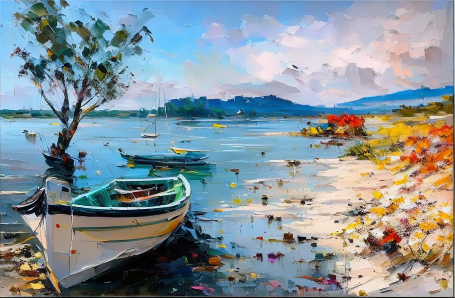 Impressionist painting of lakeside scene with moored boats, wildflowers, and distant castle