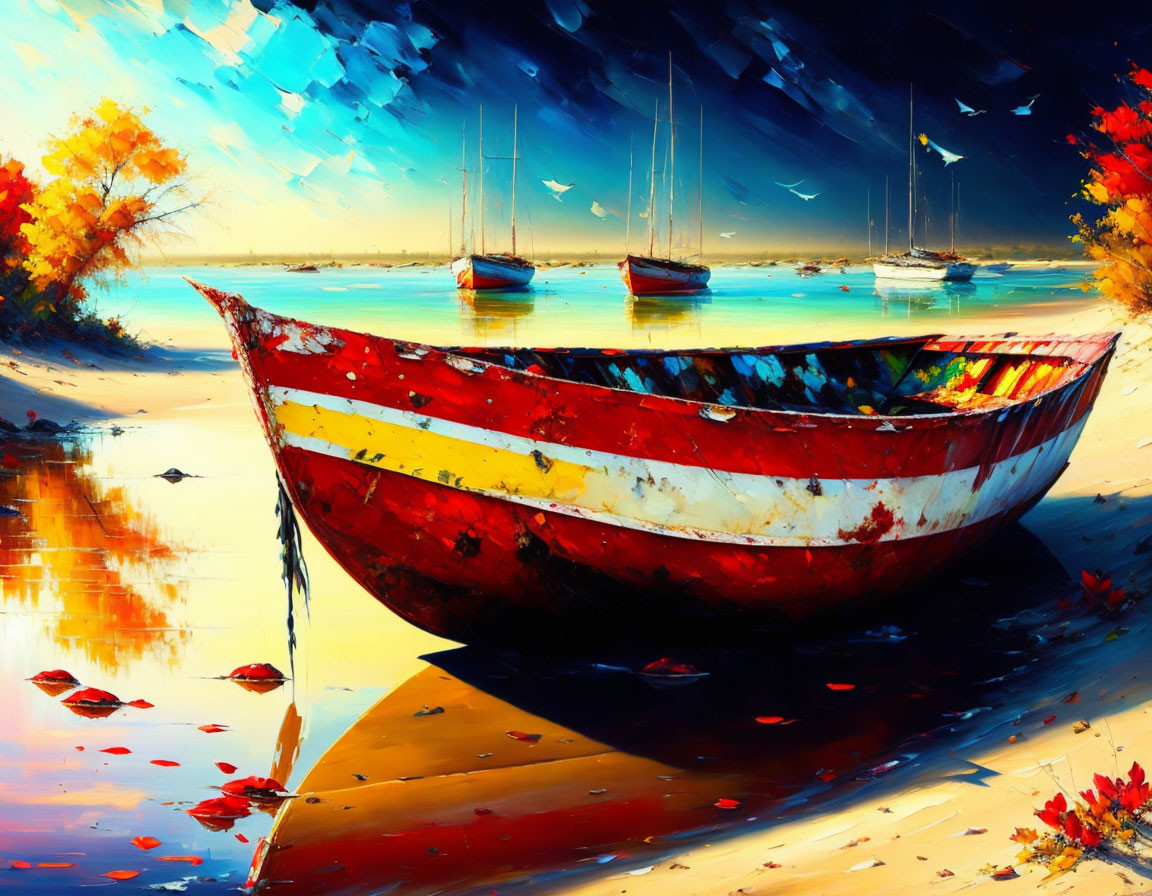 Vibrant autumn scene: colorful boat on sandy shore with reflection in water