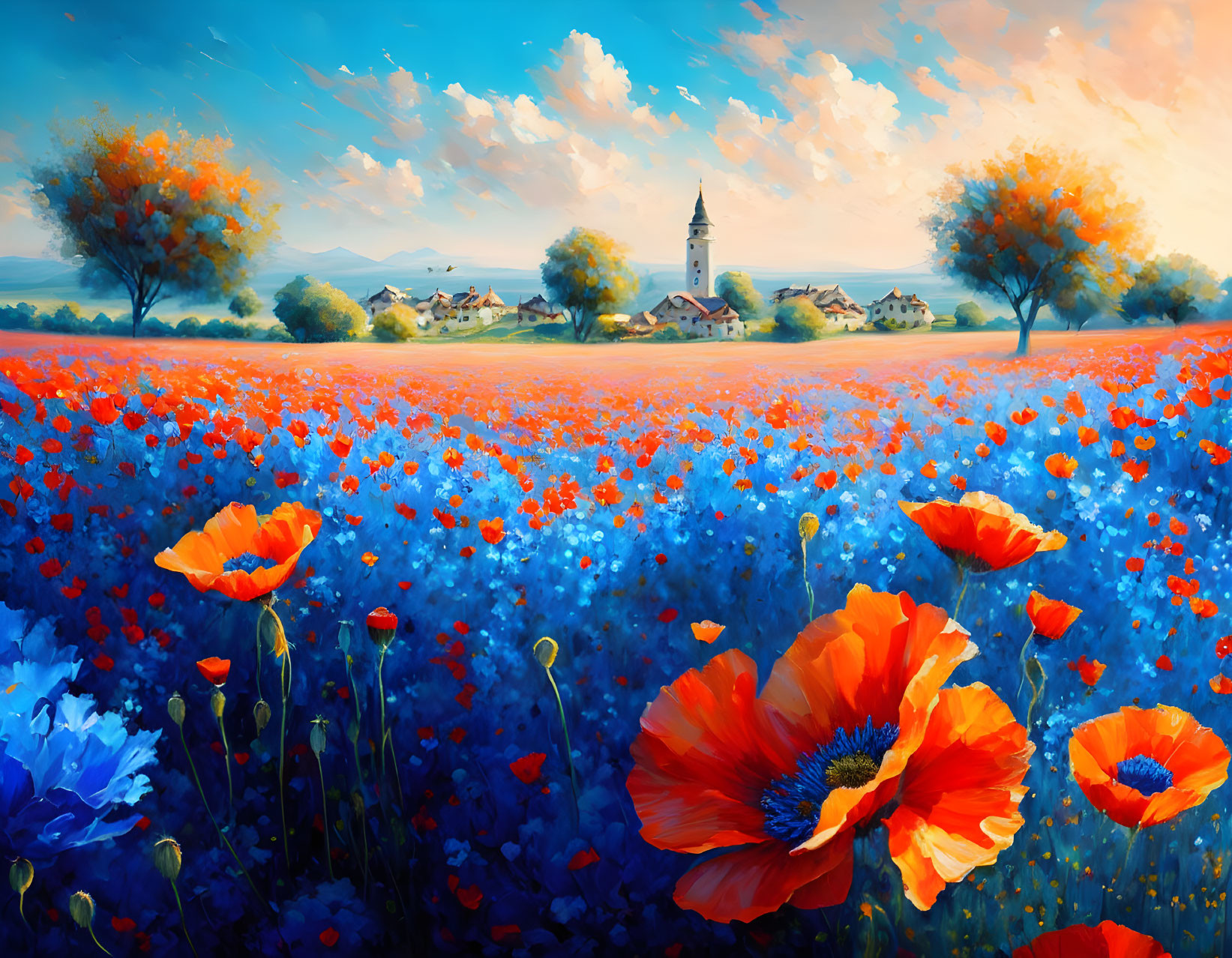 Colorful painting of red and blue flower field with village, trees, and lighthouse.