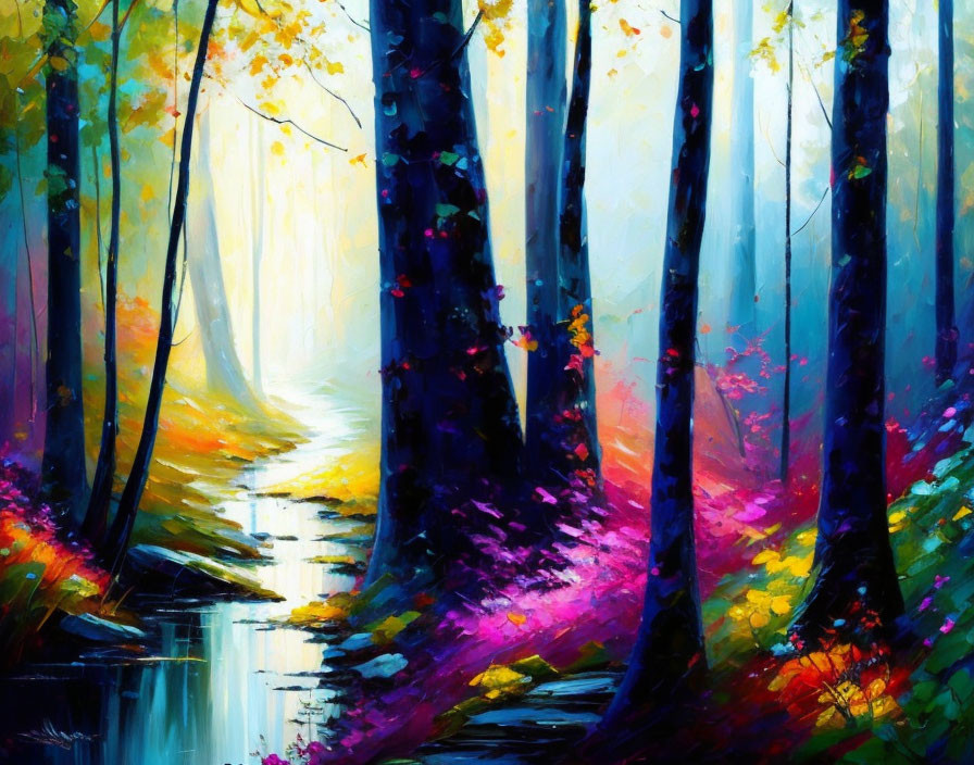 Impressionistic forest painting with autumn colors & bold brush strokes