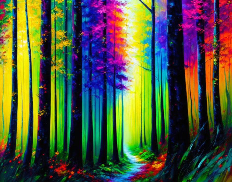 Colorful Woodland Path Painting with Vibrant Trees