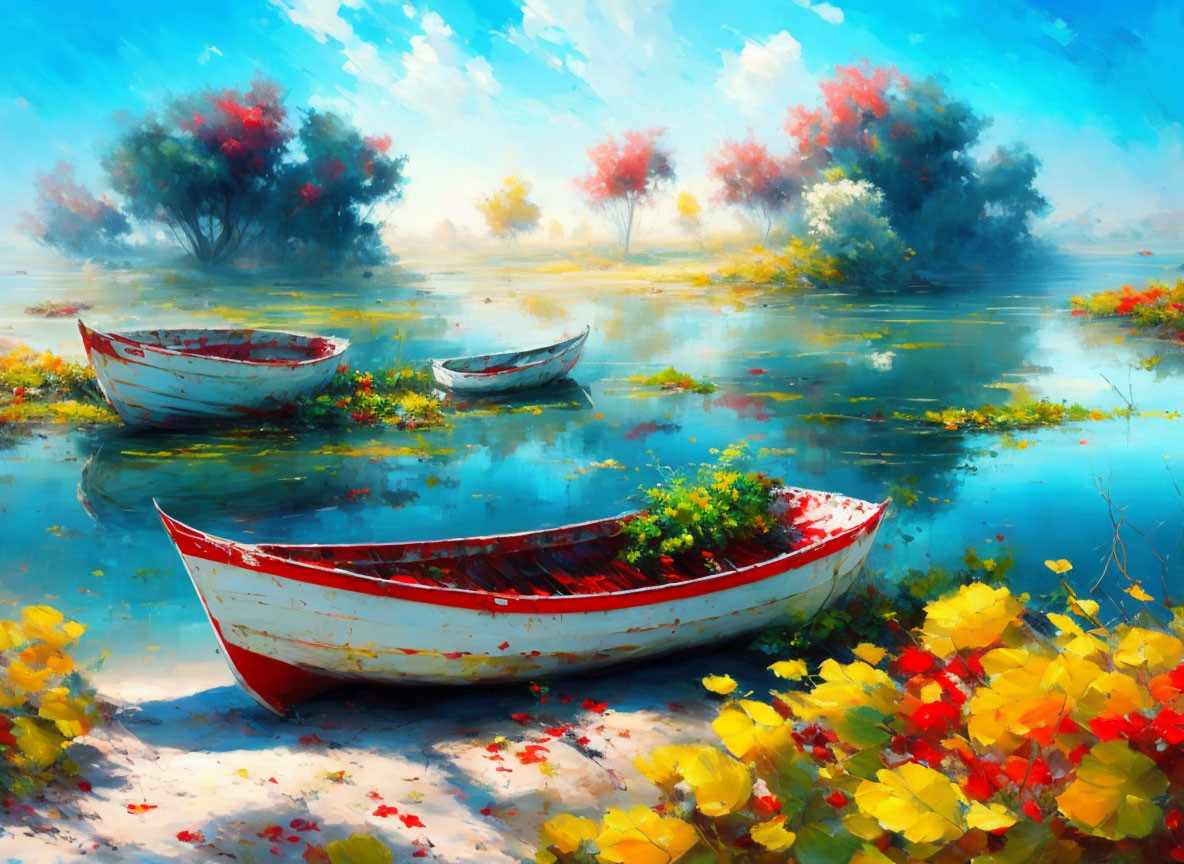 Vibrant boats on serene water with colorful foliage and bright sky