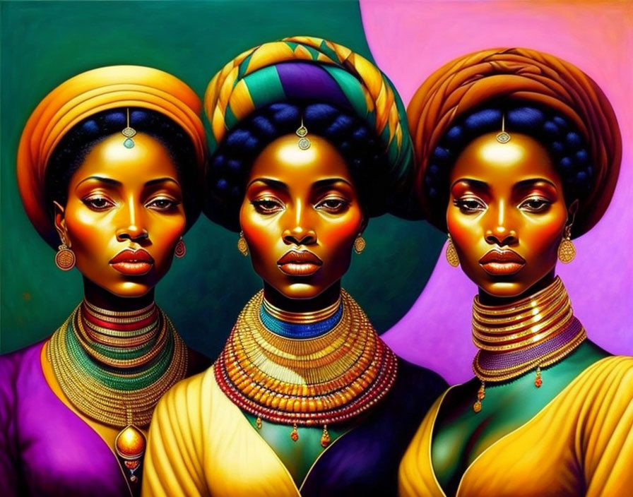 Vibrant portrait of three women with elaborate headwraps and neck jewelry