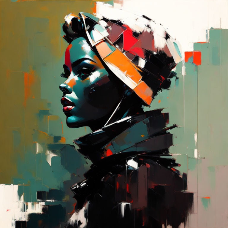 Vibrant contemporary portrait of woman in headscarf against abstract backdrop