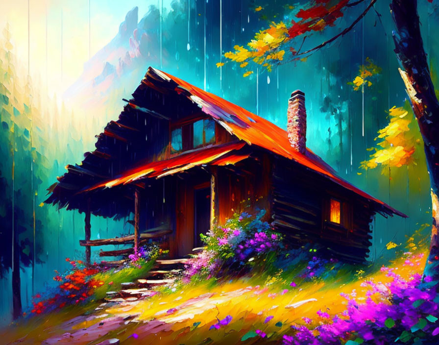 Colorful woodland cabin painting with sunbeams and lush flora