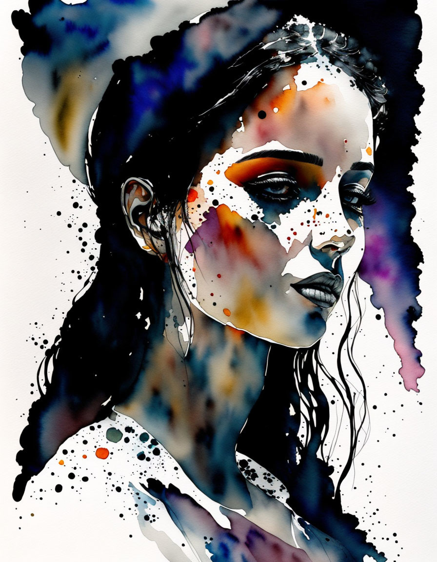 Vibrant watercolor painting of a pensive woman in blue and orange hues