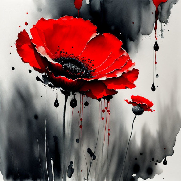 Red poppy with black accents on grayscale watercolor backdrop