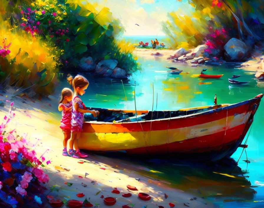 Children by Colorful Rowboat on Serene Riverbank