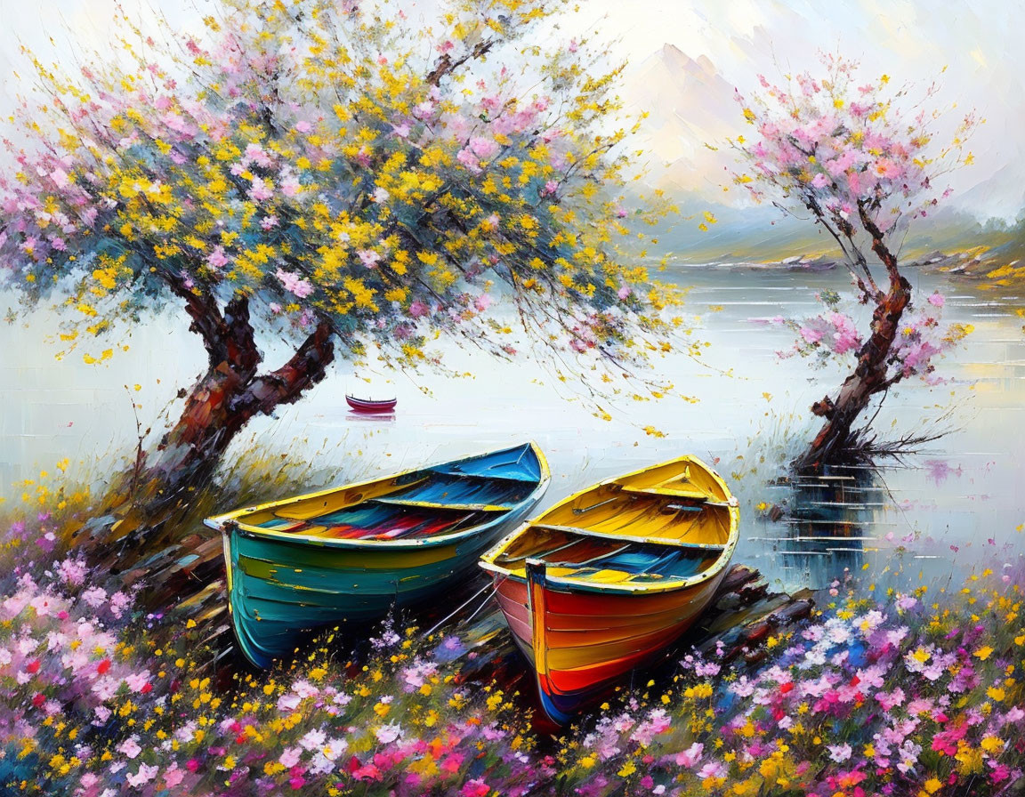 Colorful Boats on Calm Lake Shore with Blooming Trees & Distant Mountains