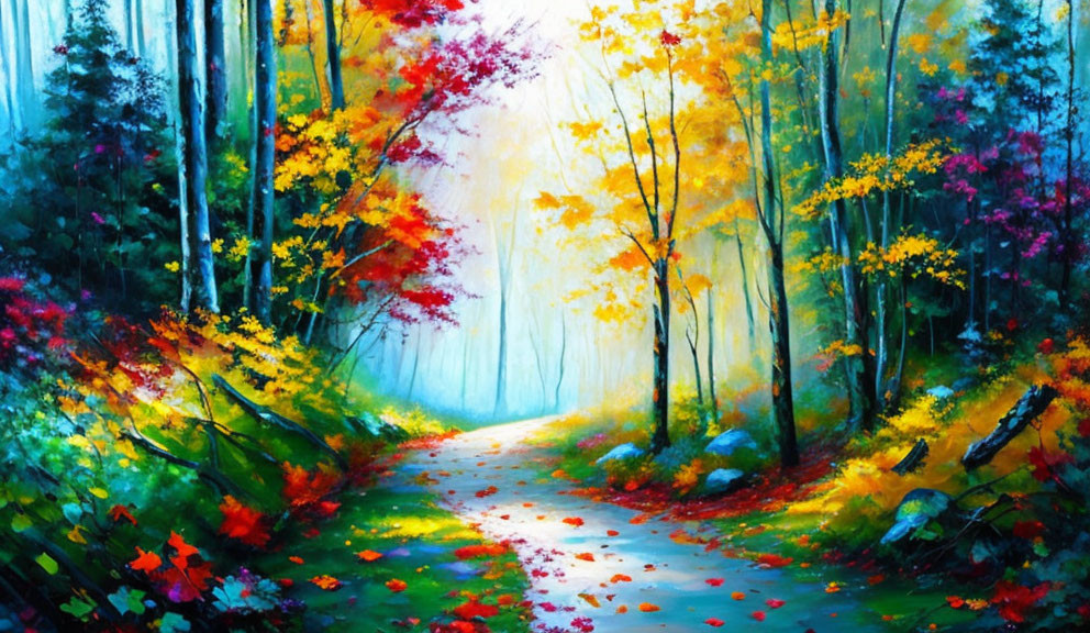 Colorful autumn forest path painting with vibrant trees and fallen leaves