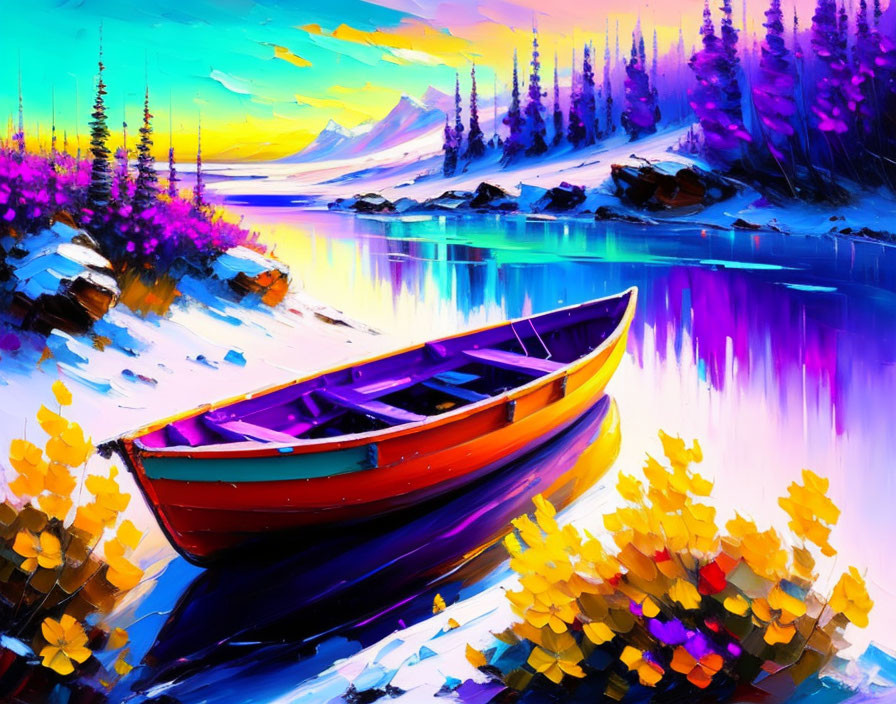 Colorful lakeside painting with boat and purple trees.