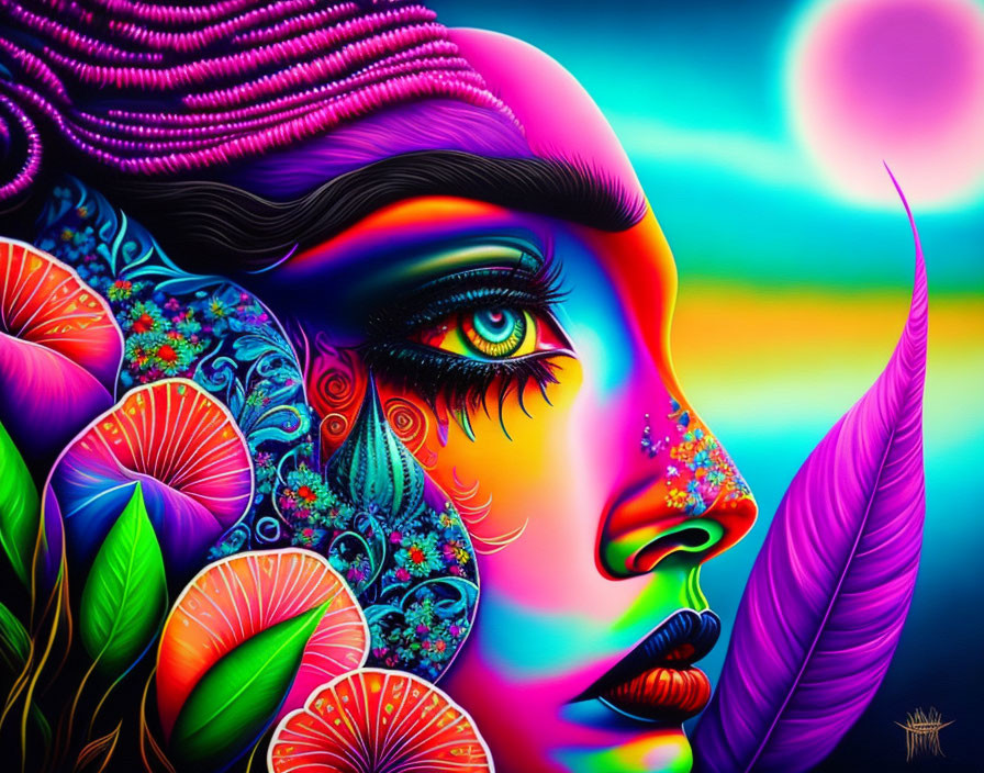 Colorful Woman's Side Profile with Nature Motifs on Neon Background