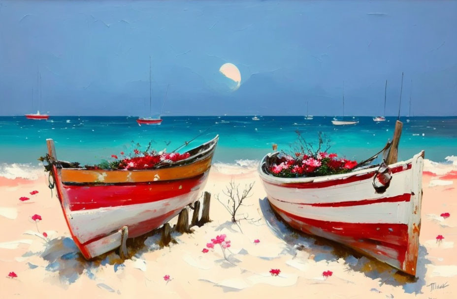 Wooden boats with red flowers on sandy beach, turquoise sea, sailing boats, daytime moon.